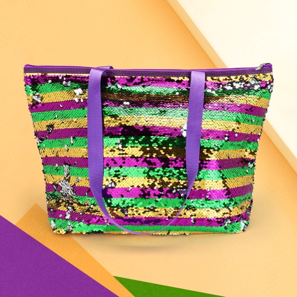iFashionBox Handbags - Green Purple Gold Sequin Stripe Mardi Gras Tote Purse Shoulder Bag